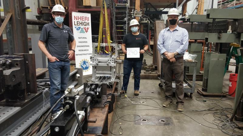 From L to R: P. Scott Harvey, Associate Professor in the School of Civil Engineering and Environmental Science at the University of Oklahoma; Braulio Covarrubias Vargas, graduate student; James Ricles, Bruce G. Johnston Professor of Structural Engineering and Director of Lehigh’s Real-Time Multi-directional Earthquake Simulation Facility.